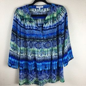 Chaus New York Women’s Small  Blue Green & White 3/4 Sleeve, Button Down Blouse